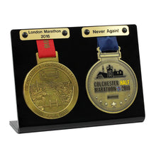 Double Medal Display shown with optional Engraved Plaques, available seperately.