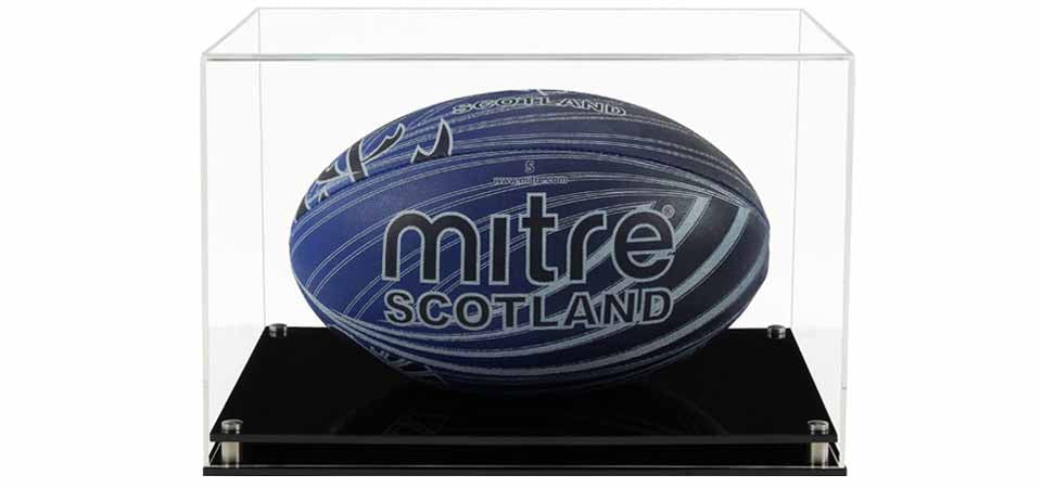 Acrylic Horizontal Rugby Ball Display Case- Choice of Bases